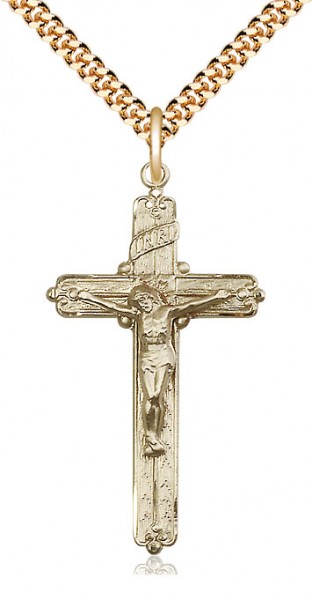 14k Gold Filled Crucifix Pendant - 24" 2.4mm Gold Plated Endless Chain