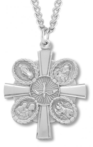 Men's Sterling Silver Unique Two Sided 5 Way Cross Necklace with Chain Options - 24" Sterling Silver Chain + Clasp