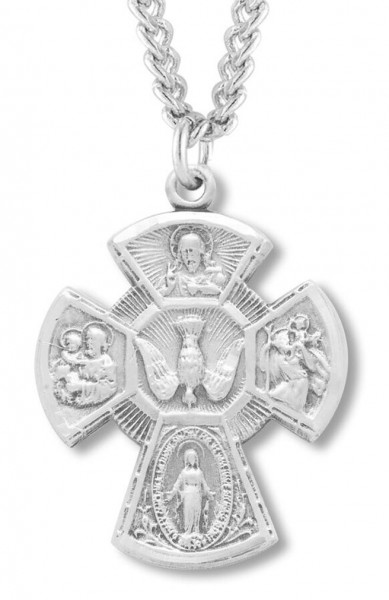 Men's Sterling Silver Radial Center with Dove 4 Way Cross Necklace with Chain Options - 24" 3mm Stainless Steel Endless Chain