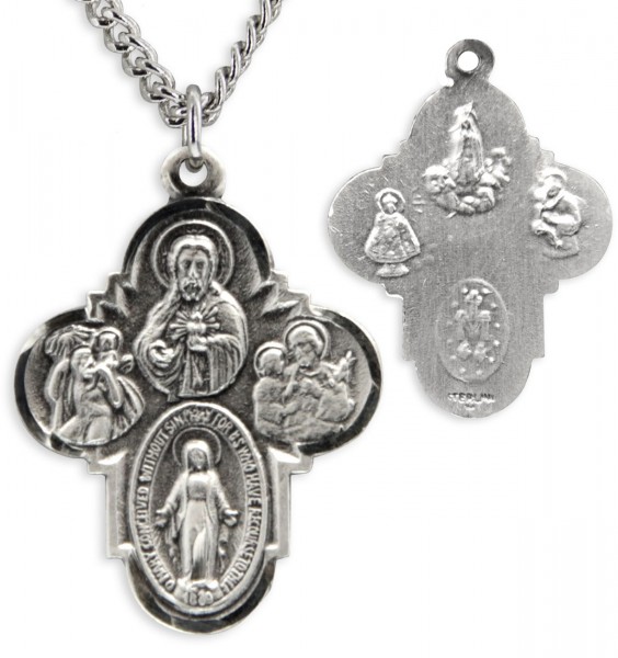 Men's Sterling Silver Classic 4 Way Necklace Rounded Edges with Chain Options - 24" Sterling Silver Chain + Clasp