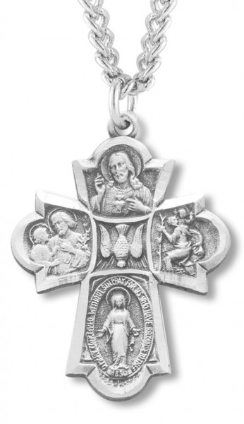 Men's Sterling Silver Wide Budded Edge 4 Way Cross Necklace with Chain Options - 24" 3mm Stainless Steel Chain + Clasp