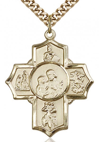 5 Way Cross Firefighter Medal, Gold Filled - 24" 2.4mm Gold Plated Chain + Clasp