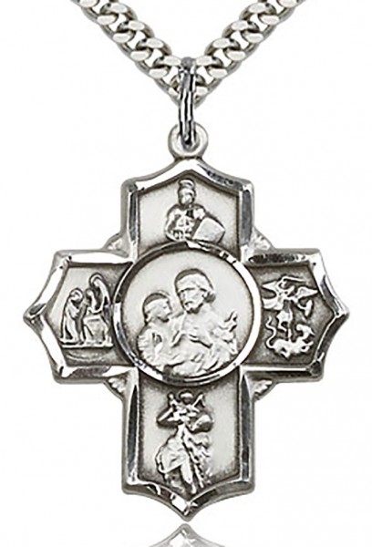 5 Way Cross Firefighter Medal, Sterling Silver - 24" 2.4mm Rhodium Plate Chain + Clasp