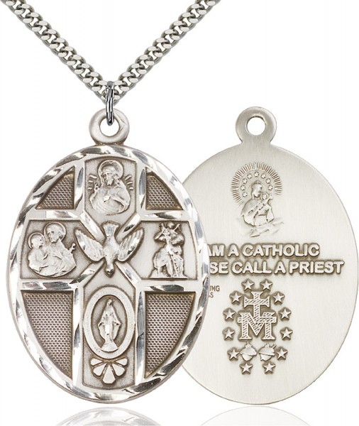 5 Way Cross Holy Spirit Medal, Sterling Silver - 24" 2.2mm Sterling Silver Chain + Clasp