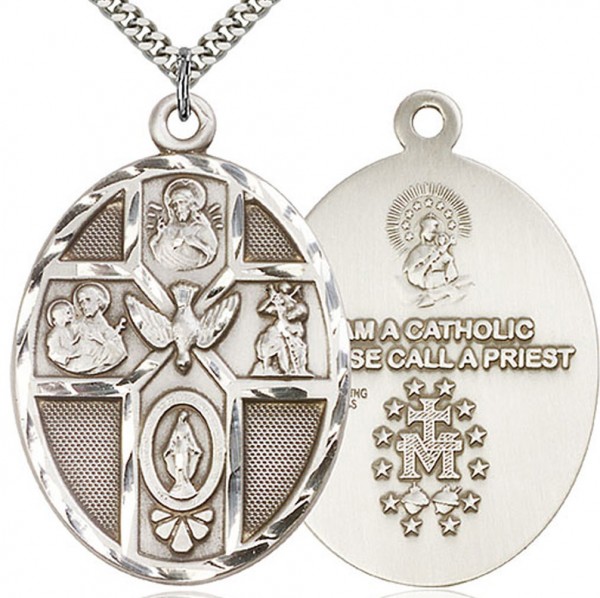 5 Way Cross Holy Spirit Medal, Sterling Silver - 24" 2.4mm Rhodium Plate Chain + Clasp