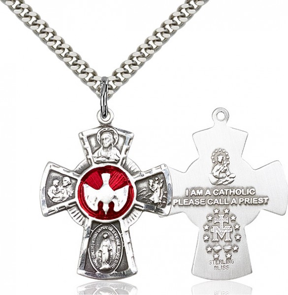 5 Way Cross Pendant, Sterling Silver - 24" 2.2mm Sterling Silver Chain + Clasp