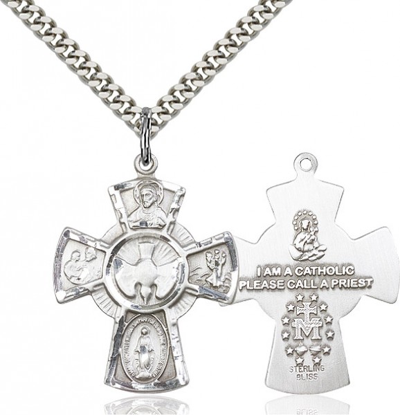 5 Way Cross Pendant, Sterling Silver - 24" 2.2mm Sterling Silver Chain + Clasp