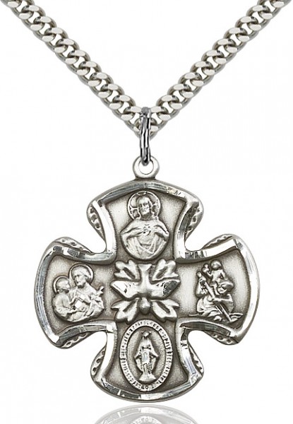 5 Way Cross Pendant, Sterling Silver - 24" 2.2mm Sterling Silver Chain + Clasp