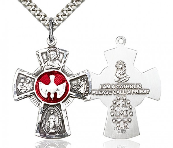 5 Way Cross Pendant, Sterling Silver - 24" 2.4mm Rhodium Plate Endless Chain