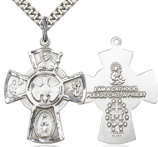 5 Way Cross Pendant, Sterling Silver - 24" 2.4mm Rhodium Plate Endless Chain