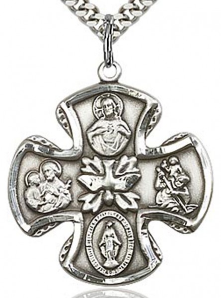 5 Way Cross Pendant, Sterling Silver - 24" 2.4mm Rhodium Plate Chain + Clasp