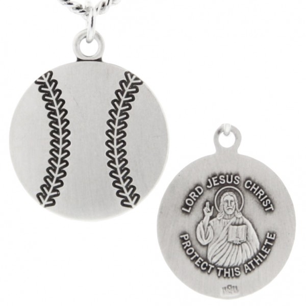 Baseball Shape Necklace with Jesus Figure Back in Sterling Silver - 24" 3mm Stainless Steel Chain + Clasp
