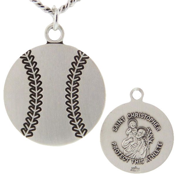 Baseball Shaped Necklace with Saint Christopher Back in Sterling Silver - 24" 3mm Stainless Steel Endless Chain