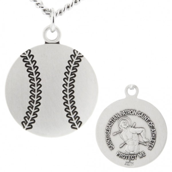 Baseball Shaped Necklace with Saint Sebastian Back in Sterling Silver - 20" 2.2mm Stainless Steel Chain with Clasp