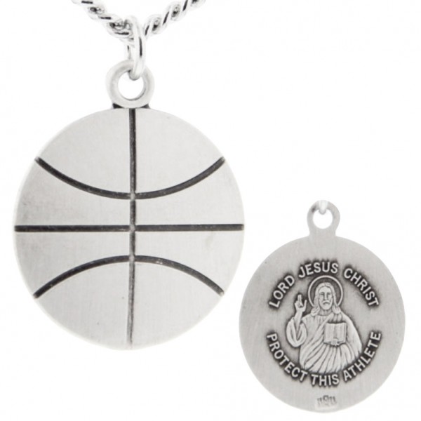 Basketball Shape Necklace with Jesus Figure Back in Sterling Silver - 24" 3mm Stainless Steel Chain + Clasp