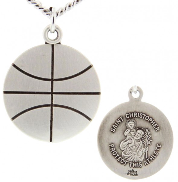 Basketball Shaped Necklace with Saint Christopher Back in Sterling Silver - 20" 2.2mm Stainless Steel Chain with Clasp