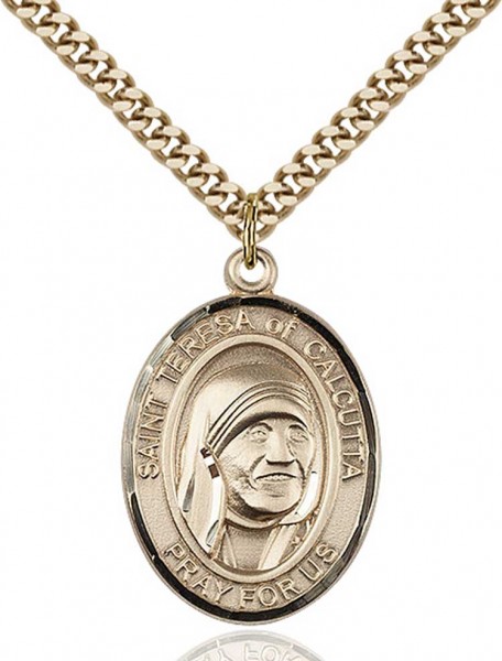 St. Teresa of Calcutta Medal, Gold Filled, Large - 24" 2.4mm Gold Plated Chain + Clasp