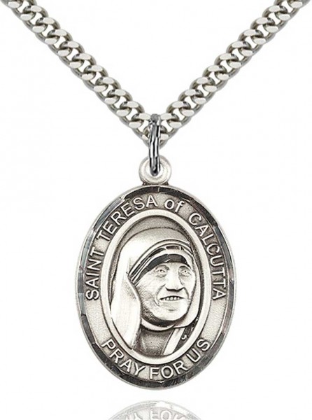 St. Teresa of Calcutta Medal, Sterling Silver, Large - 24" 2.4mm Rhodium Plate Chain + Clasp