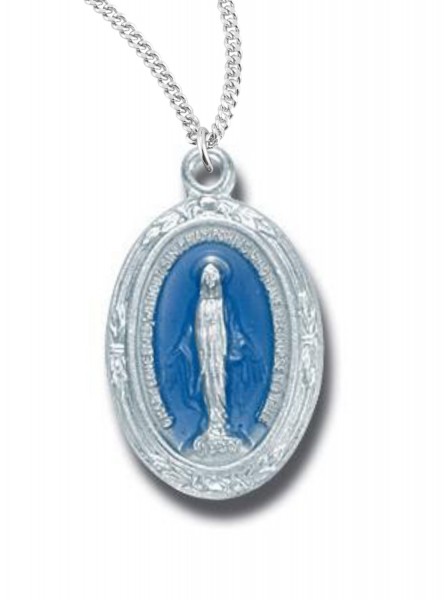 Women's Blue Sterling Silver Oval Miraculous Necklace with Chain Options - 20" 1.8mm Sterling Silver Chain + Clasp