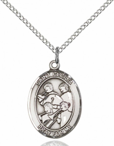 Boy's Pewter Oval St. Cecilia Marching Band Medal - 18" Rhodium Plated Medium Chain + Clasp
