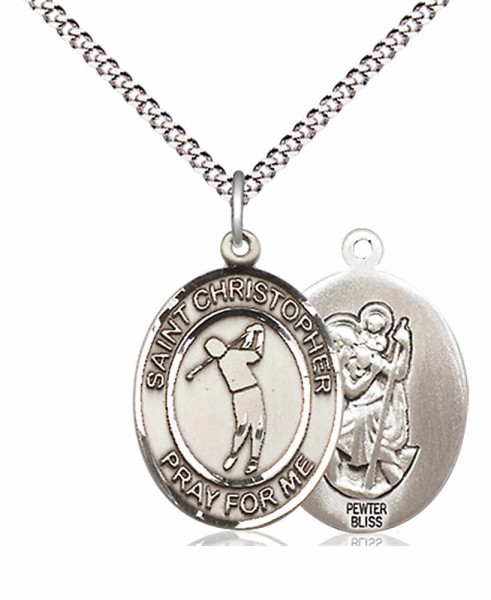 Boy's Pewter Oval St. Christopher Golf Medal - 18" Rhodium Plated Heavy Chain + Clasp