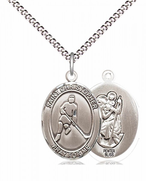Boy's Pewter Oval St. Christopher Ice Hockey Medal - 18" Rhodium Plated Medium Chain + Clasp