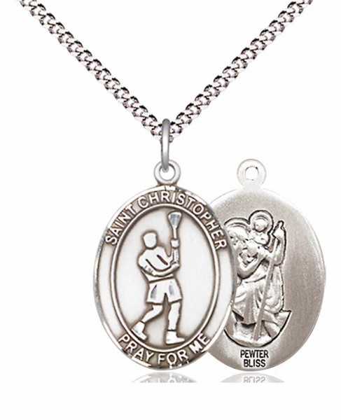 Boy's Pewter Oval St. Christopher Lacrosse Medal - 18" Rhodium Plated Heavy Chain + Clasp