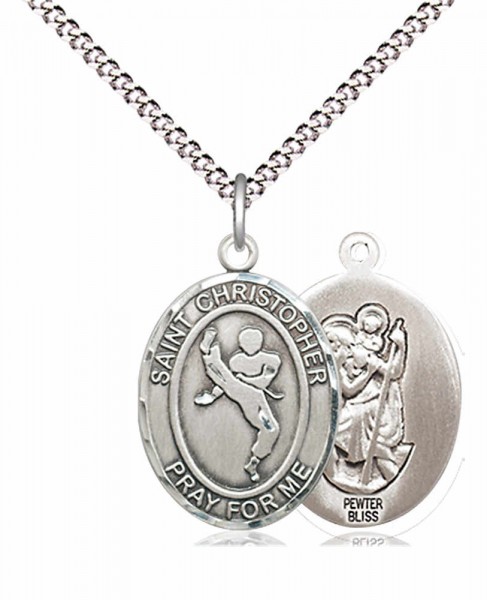 Boy's Pewter Oval St. Christopher Martial Arts Medal - 18" Rhodium Plated Medium Chain + Clasp