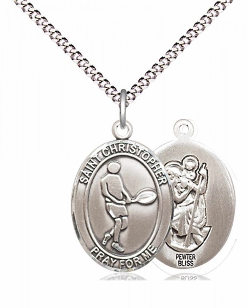 Boy's Pewter Oval St. Christopher Tennis Medal - 18" Rhodium Plated Medium Chain + Clasp