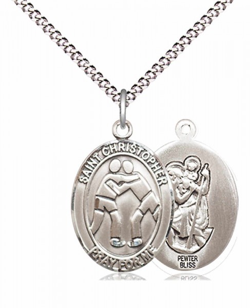 Boy's Pewter Oval St. Christopher Wrestling Medal - 18" Rhodium Plated Heavy Chain + Clasp