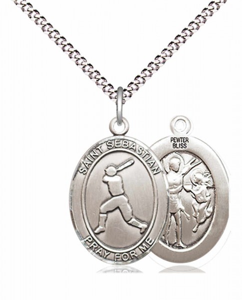 Boy's Pewter Oval St. Sebastian Baseball Medal - 18" Rhodium Plated Medium Chain + Clasp