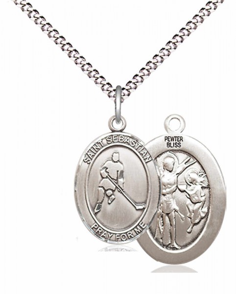 Boy's Pewter Oval St. Sebastian Ice Hockey Medal - 18" Rhodium Plated Medium Chain + Clasp