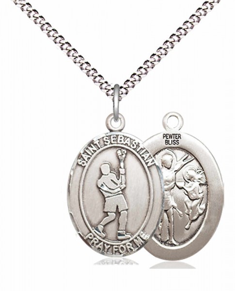 Boy's Pewter Oval St. Sebastian Lacrosse Medal - 18" Rhodium Plated Heavy Chain + Clasp