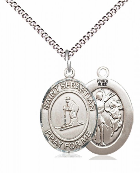 Boy's Pewter Oval St. Sebastian Skiing Medal - 18" Rhodium Plated Medium Chain + Clasp