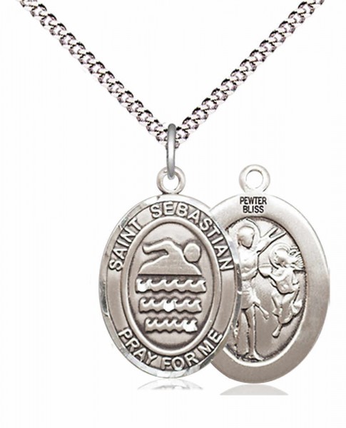 Boy's Pewter Oval St. Sebastian Swimming Medal - 18" Rhodium Plated Heavy Chain + Clasp