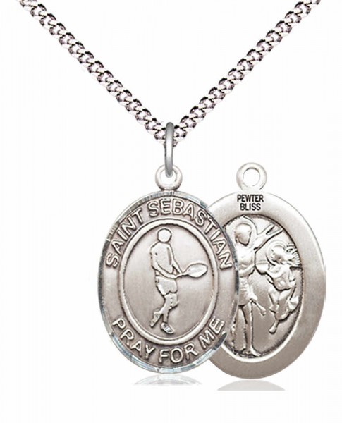 Boy's Pewter Oval St. Sebastian Tennis Medal - 18" Rhodium Plated Heavy Chain + Clasp