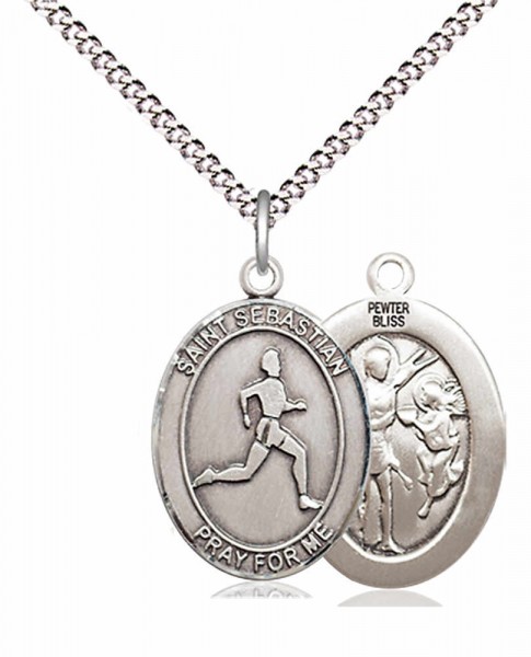 Boy's Pewter Oval St. Sebastian Track and Field Medal - 18" Rhodium Plated Medium Chain + Clasp