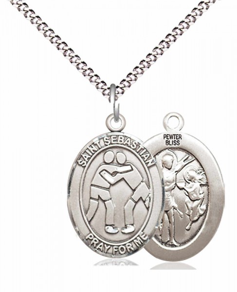 Boy's Pewter Oval St. Sebastian Wrestling Medal - 18" Rhodium Plated Medium Chain + Clasp