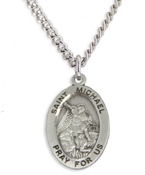 Boy's Saint Michael Necklace Oval Sterling Silver with Chain - 20" 2.2mm Stainless Steel Chain with Clasp