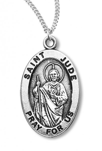 Boy's St. Jude Necklace Oval Sterling Silver with Chain - 18" 2.2mm Stainless Steel Chain + Clasp