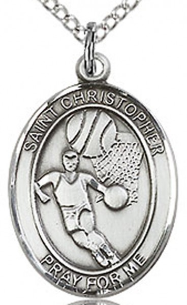 Boy's Sterling Silver Saint Christopher Basketball Oval Medal - 18" Lite Rhodium Plate Chain + Clasp
