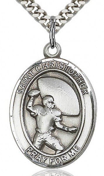 Boy's Sterling Silver Saint Christopher Football Medal - 18" 2.1mm Rhodium Plate Chain + Clasp