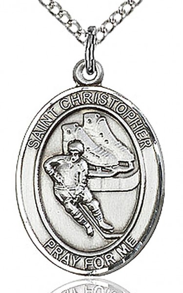 Boy's Sterling Silver Saint Christopher Hockey Medal - 18" 1.2mm Sterling Silver Chain + Clasp