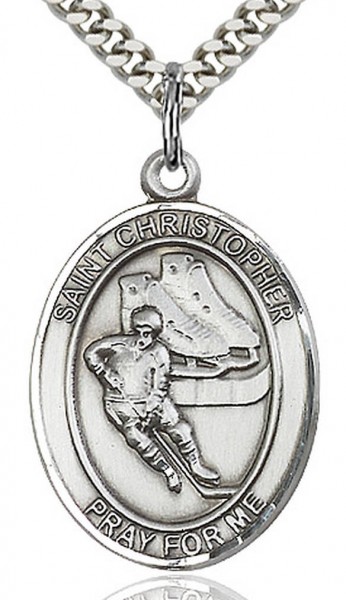 Boy's Sterling Silver Saint Christopher Hockey Medal - 18" 2.1mm Rhodium Plate Chain + Clasp