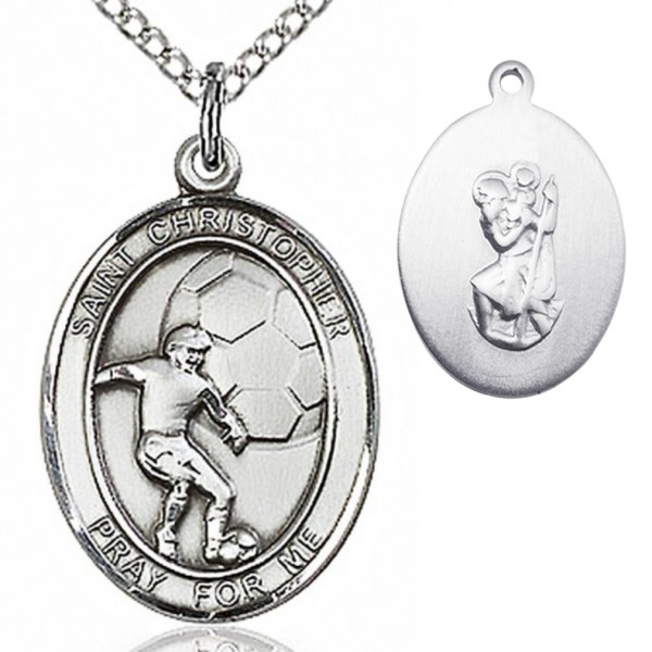 Boy's Sterling Silver Saint Christopher Soccer Medal - 18" 1.2mm Sterling Silver Chain + Clasp