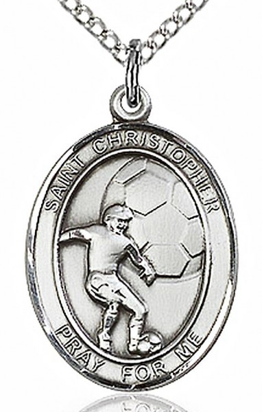 Boy's Sterling Silver Saint Christopher Soccer Medal - 18" Lite Rhodium Plate Chain + Clasp