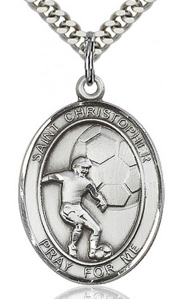 Boy's Sterling Silver Saint Christopher Soccer Medal - 18" 2.1mm Rhodium Plate Chain + Clasp