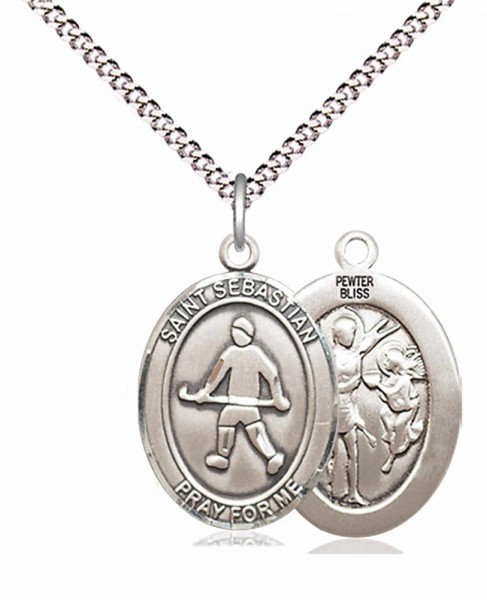 Boys's Pewter Oval St. Sebastian Field Hockey Medal - 18" Rhodium Plated Heavy Chain + Clasp