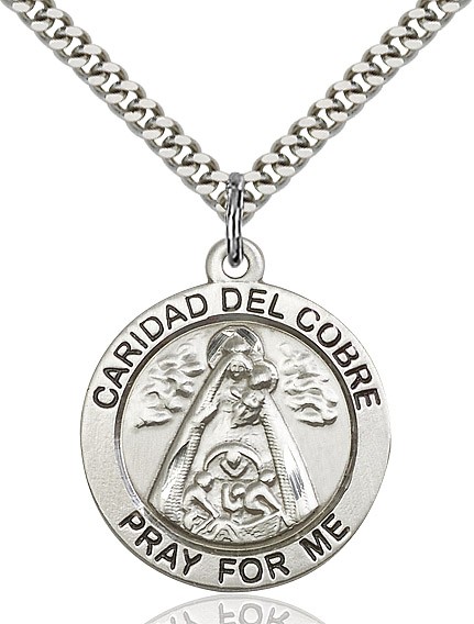Caridad Del Cobre Medal, Sterling Silver - 24" 2.2mm Sterling Silver Chain + Clasp