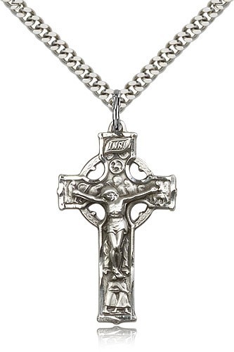 Celtic Crucifix Pendant, Sterling Silver - 30" 2.4mm Rhodium Plated Endless Chain